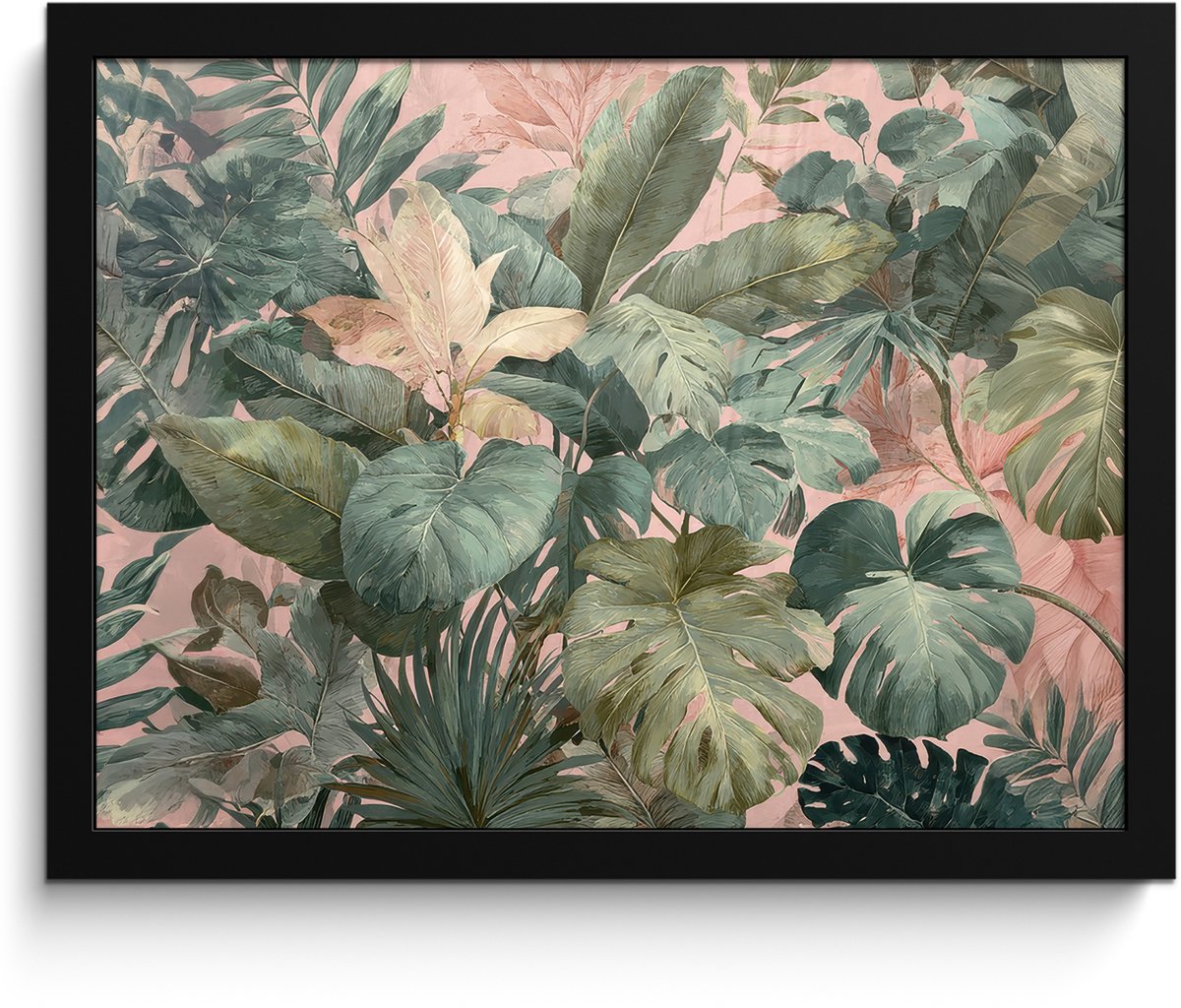 FrameYourWall Poster in lijst - Fotolijst 40x30 cm - Posters - Compositie van bladeren - Groen - Roze - Posterlijst zwart - Decoratie - Wanddecoratie woonkamer - Muurdecoratie slaapkamer Bladeren - Compositie