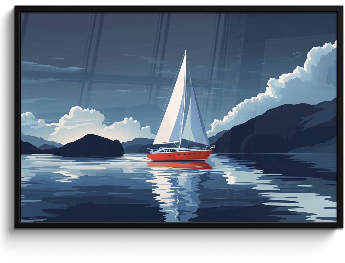 FrameYourWall Poster in lijst - Fotolijst 120x80 cm - Posters - Zeilboot - Donkere bergen - Stilte - Posterlijst zwart - Decoratie - Wanddecoratie woonkamer - Muurdecoratie slaapkamer Zeilboot - Wolken