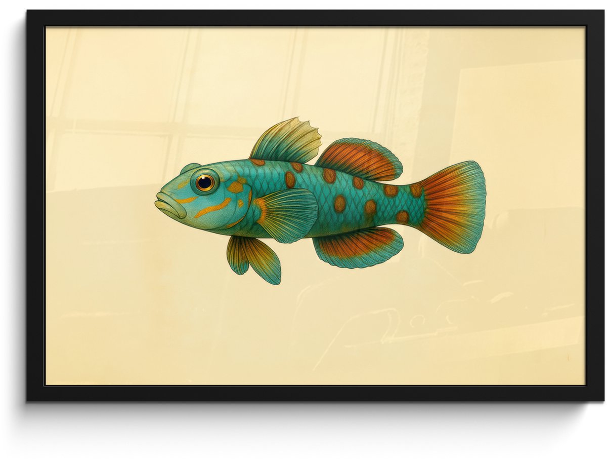 FrameYourWall Poster in lijst - Fotolijst 60x40 cm - Posters - Vis - Blauw - Stippen - Schubben - Posterlijst zwart - Decoratie - Wanddecoratie woonkamer - Muurdecoratie slaapkamer Vis - Stippen