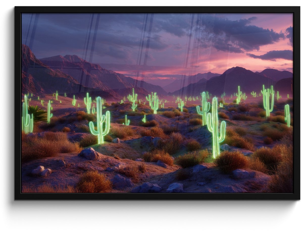 FrameYourWall Poster in lijst - Fotolijst 90x60 cm - Posters - Neon cactussen - Woestijn - Zonsondergang - Posterlijst zwart - Decoratie - Wanddecoratie woonkamer - Muurdecoratie slaapkamer Neon - cactus - Woestijn