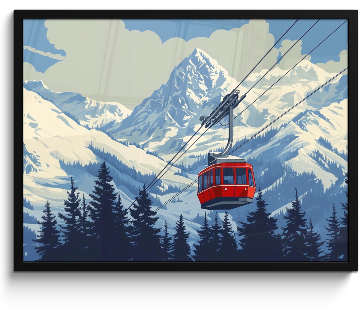 FrameYourWall Poster in lijst - Fotolijst 80x60 cm - Posters - Kabelbaan - Sneeuw - Berglandschap - Posterlijst zwart - Decoratie - Wanddecoratie woonkamer - Muurdecoratie slaapkamer Kabelbaan - Bergen - Sneeuw