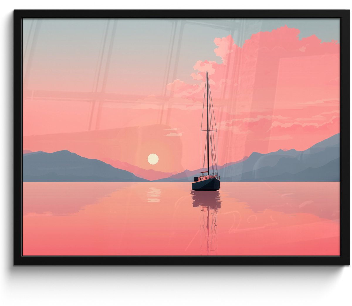 FrameYourWall Poster in lijst - Fotolijst 80x60 cm - Posters - Zeilboot - Roze zee - Zonsondergang - Bergen - Posterlijst zwart - Decoratie - Wanddecoratie woonkamer - Muurdecoratie slaapkamer Zeilboot - Zee - Bergen