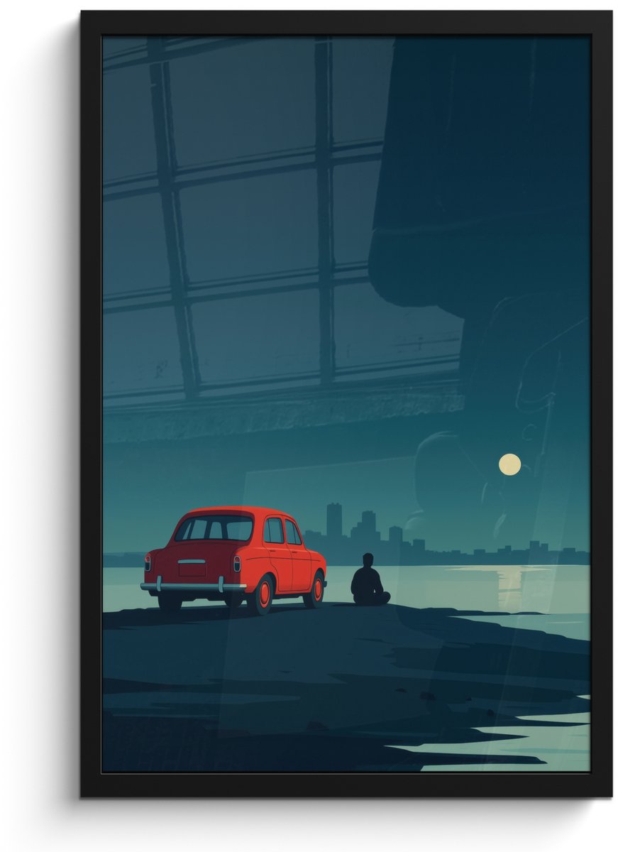 FrameYourWall Poster in lijst - Fotolijst 40x60 cm - Posters - Auto - Volle maan - Uitkijkend over water - Posterlijst zwart - Decoratie - Wanddecoratie woonkamer - Muurdecoratie slaapkamer Water - Maan