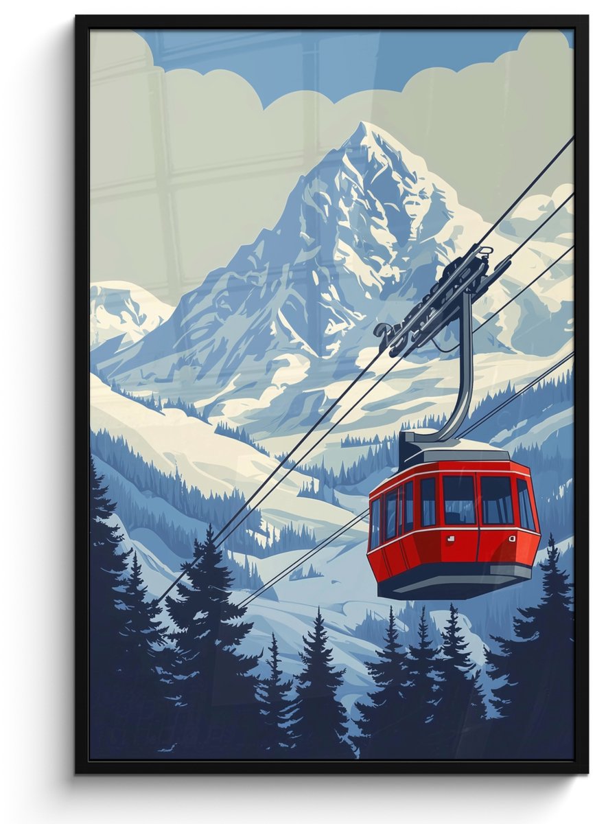 FrameYourWall Poster in lijst - Fotolijst 80x120 cm - Posters - Kabelbaan - Sneeuw - Berglandschap - Posterlijst zwart - Decoratie - Wanddecoratie woonkamer - Muurdecoratie slaapkamer Kabelbaan - Bergen - Sneeuw