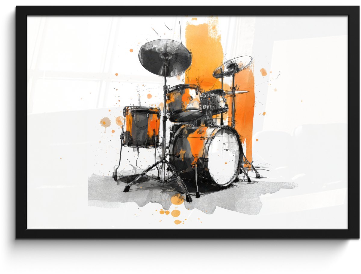 FrameYourWall Poster in lijst - Fotolijst 60x40 cm - Posters - Drumstel - Oranje - Zwart - Aquarelverf - Posterlijst zwart - Decoratie - Wanddecoratie woonkamer - Muurdecoratie slaapkamer