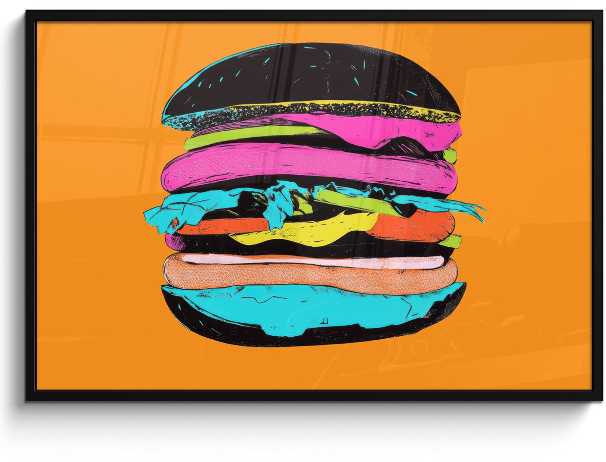 FrameYourWall Poster in lijst - Fotolijst 120x80 cm - Posters - Hamburger - Kleurrijk - Speels - Posterlijst zwart - Decoratie - Wanddecoratie woonkamer - Muurdecoratie slaapkamer