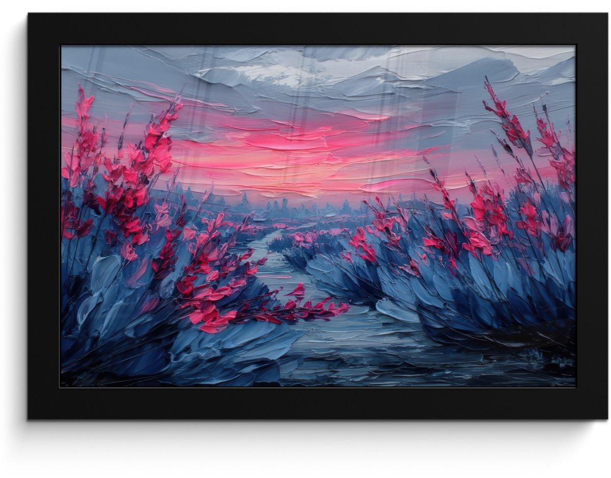 FrameYourWall Poster in lijst - Fotolijst 30x20 cm - Posters - Schilderij - Zonsondergang - Bloemen - Rivier - Posterlijst zwart - Decoratie - Wanddecoratie woonkamer - Muurdecoratie slaapkamer