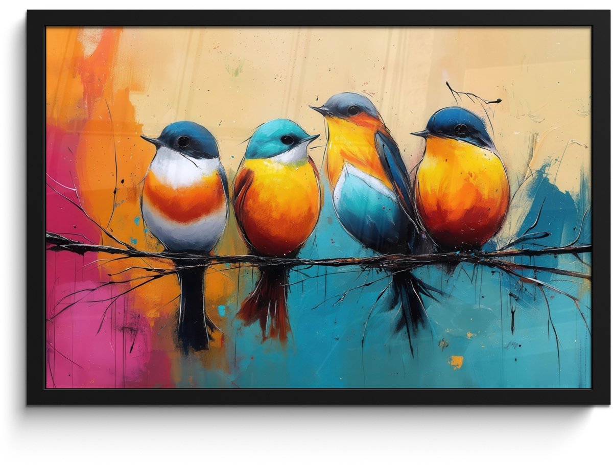 FrameYourWall Poster in lijst - Fotolijst 60x40 cm - Posters - Vogels - Kleurrijk - Tak - Abstract - Posterlijst zwart - Decoratie - Wanddecoratie woonkamer - Muurdecoratie slaapkamer