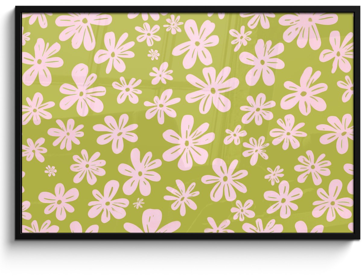 FrameYourWall Poster in lijst - Fotolijst 120x80 cm - Posters - Bloemen - Roze - Getekend - Patroon - Posterlijst zwart - Decoratie - Wanddecoratie woonkamer - Muurdecoratie slaapkamer Bloemen - Patroon