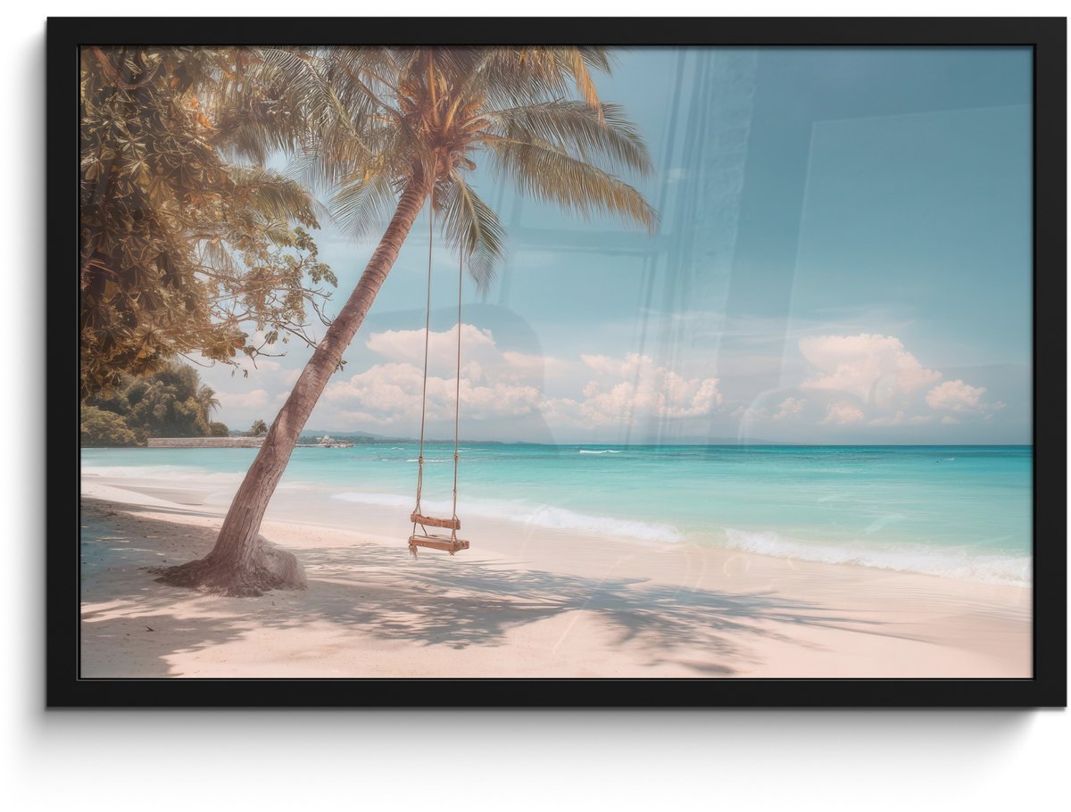 FrameYourWall Poster in lijst - Fotolijst 60x40 cm - Posters - Palmboom - Schommel - Strand - Lucht - Posterlijst zwart - Decoratie - Wanddecoratie woonkamer - Muurdecoratie slaapkamer