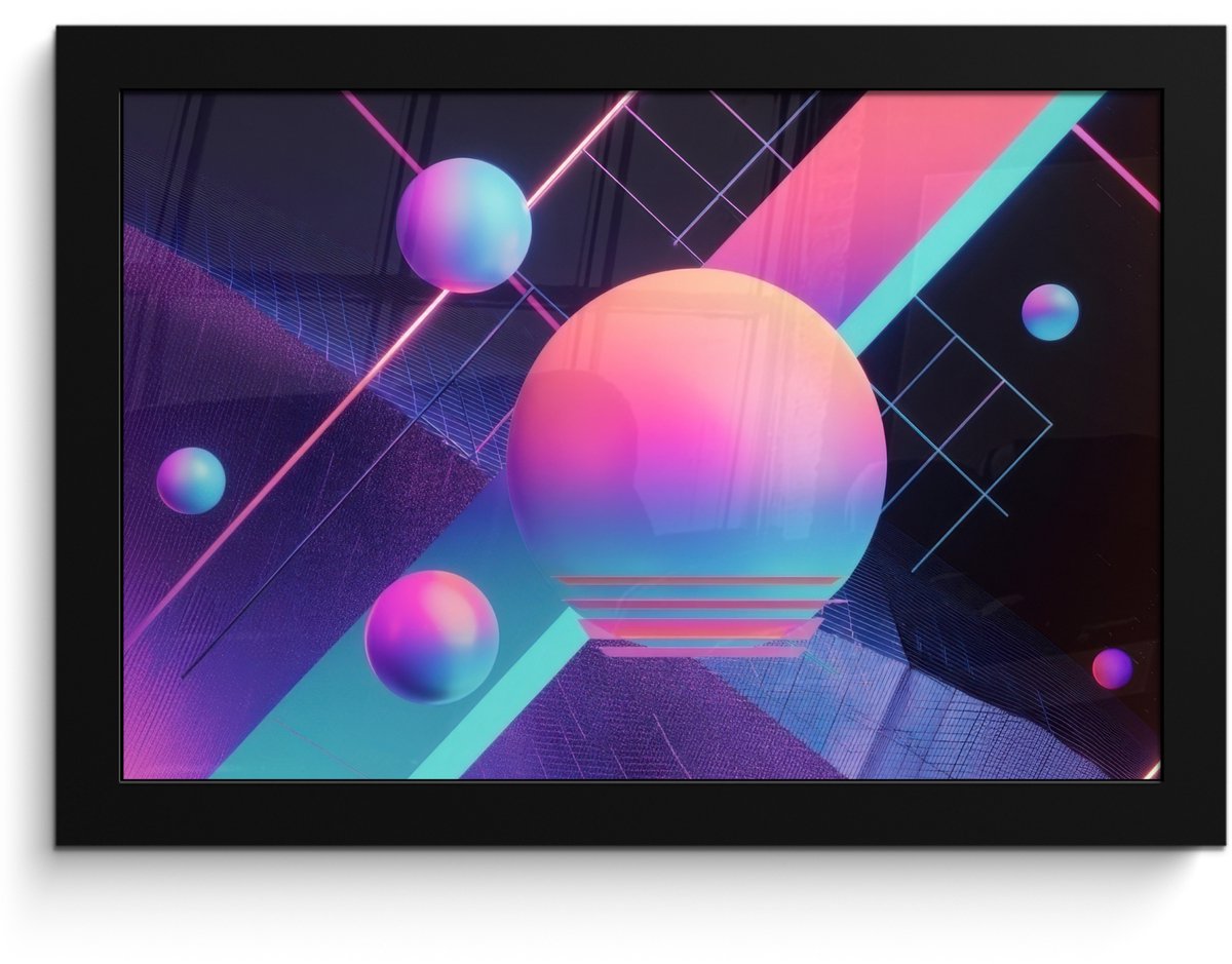 FrameYourWall Poster in lijst - Fotolijst 30x20 cm - Posters - Cirkels - Vlakken - Abstract - Blauw - Posterlijst zwart - Decoratie - Wanddecoratie woonkamer - Muurdecoratie slaapkamer Cirkels - Neon