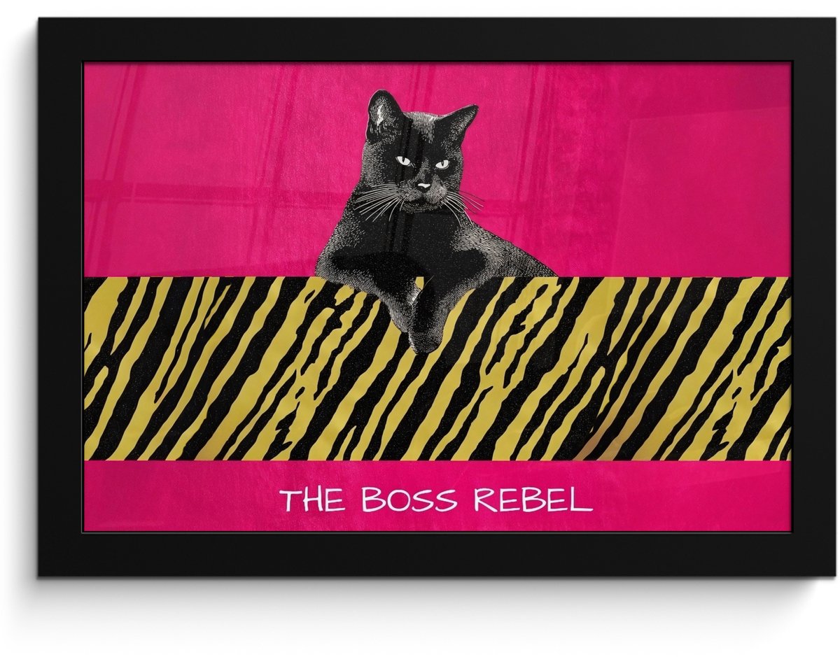 FrameYourWall Poster in lijst - Fotolijst 30x20 cm - Posters - Kat - Baas - Roze - Tijgerprint - Posterlijst zwart - Decoratie - Wanddecoratie woonkamer - Muurdecoratie slaapkamer Kat - Tekst