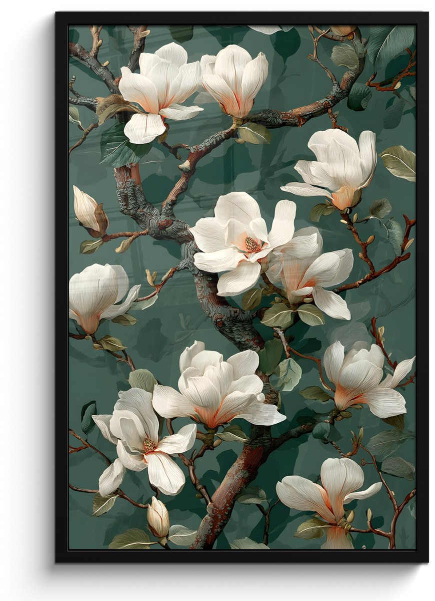 FrameYourWall Poster in lijst - Fotolijst 60x90 cm - Posters - Bloemen - Takken - Wit - Klassiek - Posterlijst zwart - Decoratie - Wanddecoratie woonkamer - Muurdecoratie slaapkamer