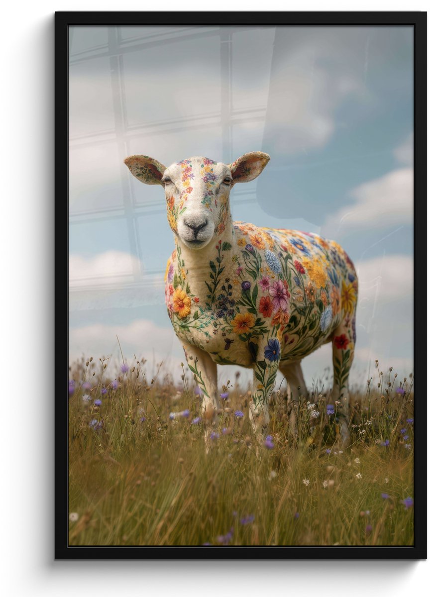 FrameYourWall Poster in lijst - Fotolijst 60x90 cm - Posters - Schaap - Bloemen - Weide - Posterlijst zwart - Decoratie - Wanddecoratie woonkamer - Muurdecoratie slaapkamer