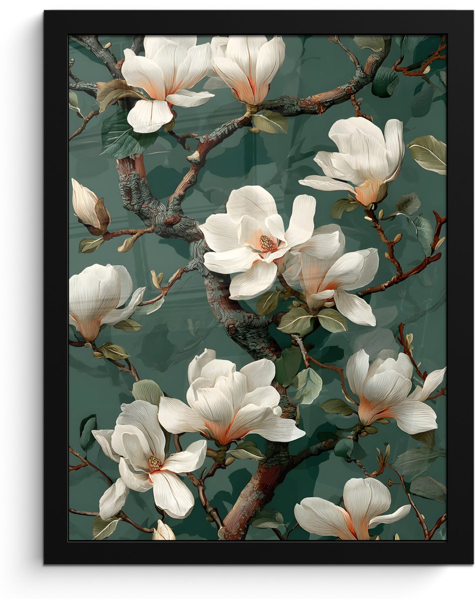 FrameYourWall Poster in lijst - Fotolijst 30x40 cm - Posters - Bloemen - Takken - Wit - Klassiek - Posterlijst zwart - Decoratie - Wanddecoratie woonkamer - Muurdecoratie slaapkamer