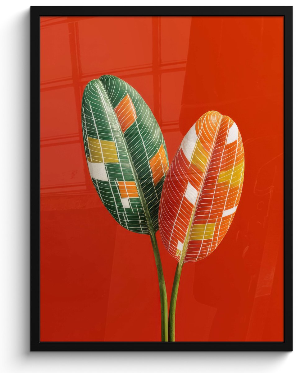 FrameYourWall Poster in lijst - Fotolijst 60x80 cm - Posters - Bladeren - Ovaal - Mozaïek - Patroon - Posterlijst zwart - Decoratie - Wanddecoratie woonkamer - Muurdecoratie slaapkamer