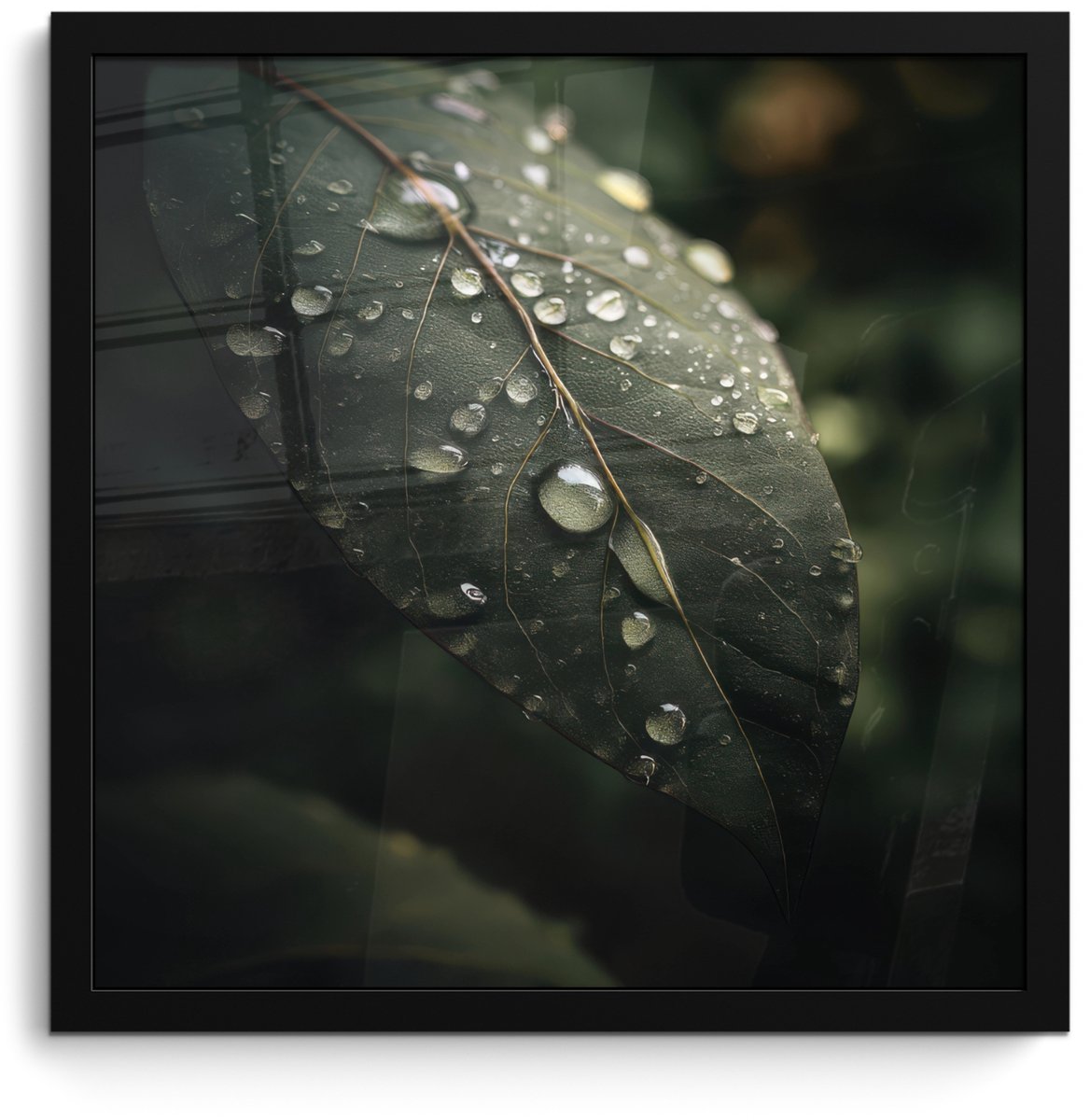 FrameYourWall Poster in lijst - Fotolijst 40x40 cm - Posters - Blad - Groen - Nerven - Regendruppels - Posterlijst zwart - Decoratie - Wanddecoratie woonkamer - Muurdecoratie slaapkamer