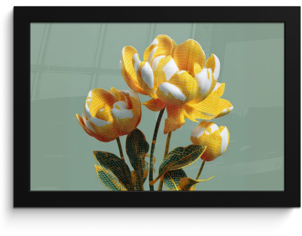 FrameYourWall Poster in lijst - Fotolijst 30x20 cm - Posters - Bloemen - Geel - Bladeren - Structuur - Posterlijst zwart - Decoratie - Wanddecoratie woonkamer - Muurdecoratie slaapkamer Bloemen - Bladeren - Structuur