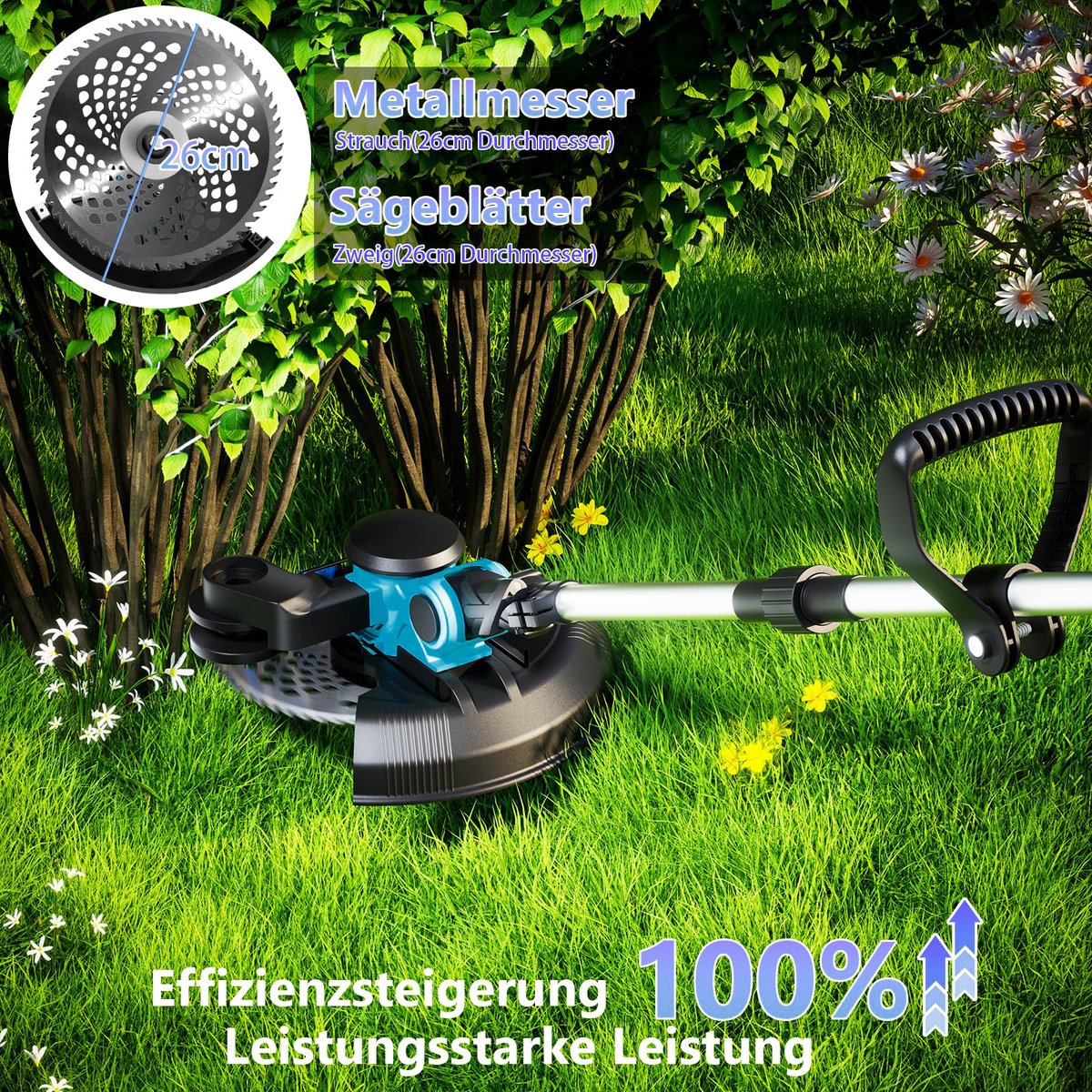 1000W Accu Grastrimmer - 4-in-1 Kantenmaaier – 26cm Snijdiameter – Bosmaaier – Grasmaaier – Draadloos & Elektrisch - Borstelloze Motor – Trimmer met 2x 4000mAh Accu en Lader – Uittrekbare Handgreep, Kantelbare Kop – Voor Gazon/Tuinklussen – foto 6