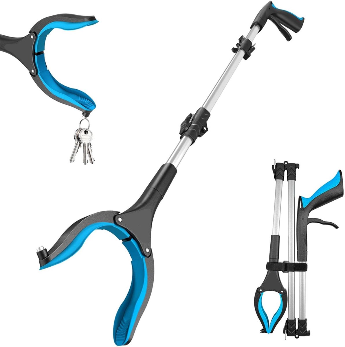 Grijper voor senioren 110 cm aluminium afvalgrijper, opvouwbare grijper voor senioren, draaibare afvalgrijper, extra lange grijparm, reikhulp voor mensen met magnetische punten (hemelsblauw)