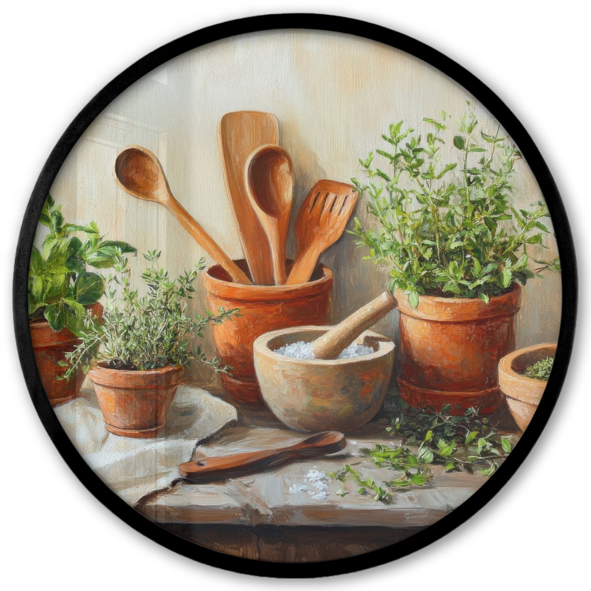 FrameYourWall Poster in lijst Rond - Fotolijst 40x40 cm - Posters - Potten - Kruiden - Hout - Ronde posterlijst zwart - Decoratie - Wanddecoratie woonkamer - Muurdecoratie slaapkamer Potten - Stilleven
