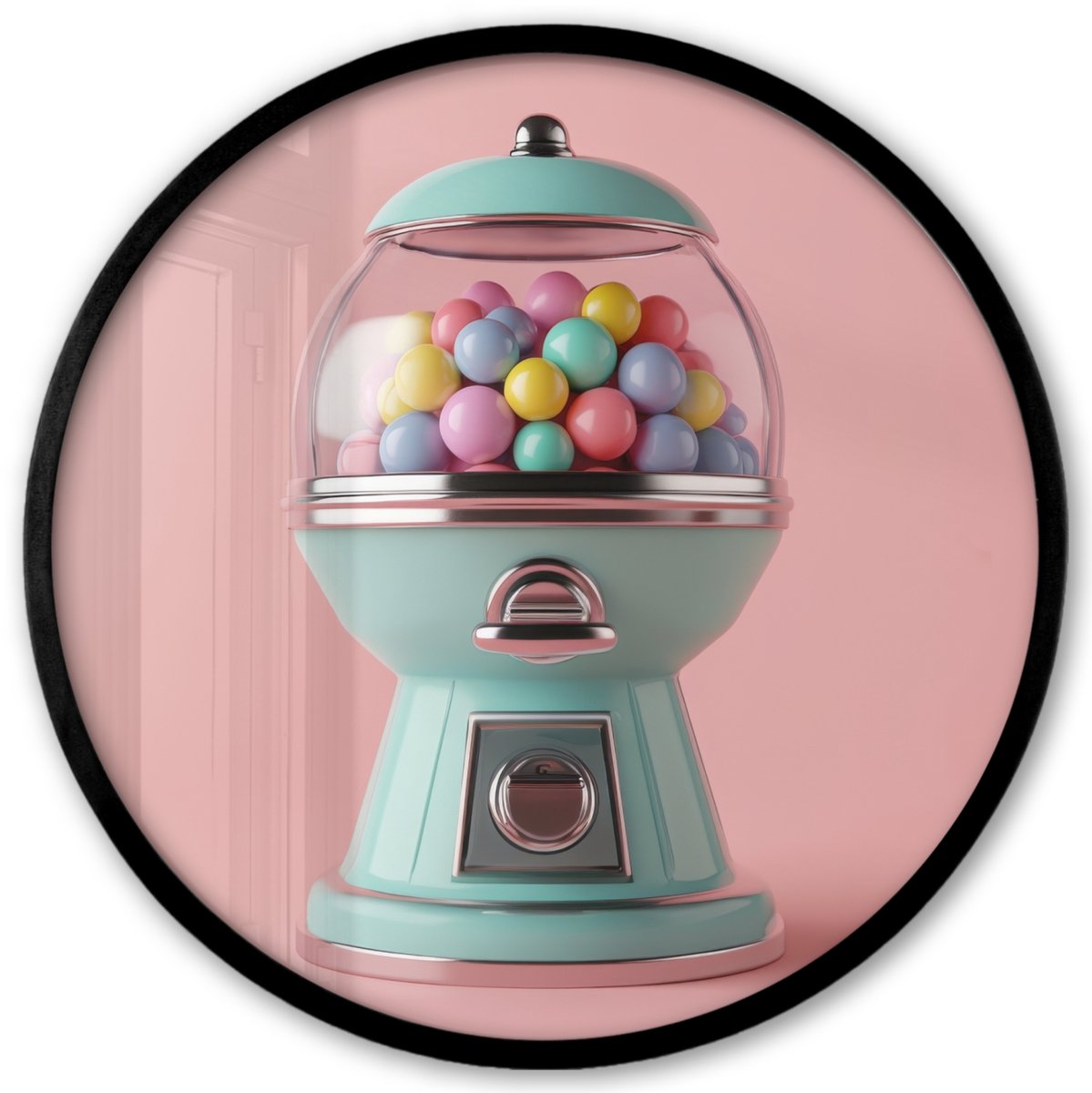 FrameYourWall Poster in lijst Rond - Fotolijst 40x40 cm - Posters - Kauwgom - Retro - Snoep - Roze - Ronde posterlijst zwart - Decoratie - Wanddecoratie woonkamer - Muurdecoratie slaapkamer