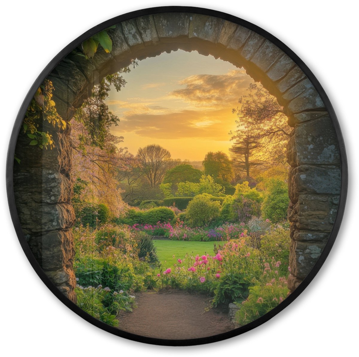 FrameYourWall Poster in lijst Rond - Fotolijst 80x80 cm - Posters - Poort - Planten - Zonsondergang - Ronde posterlijst zwart - Decoratie - Wanddecoratie woonkamer - Muurdecoratie slaapkamer
