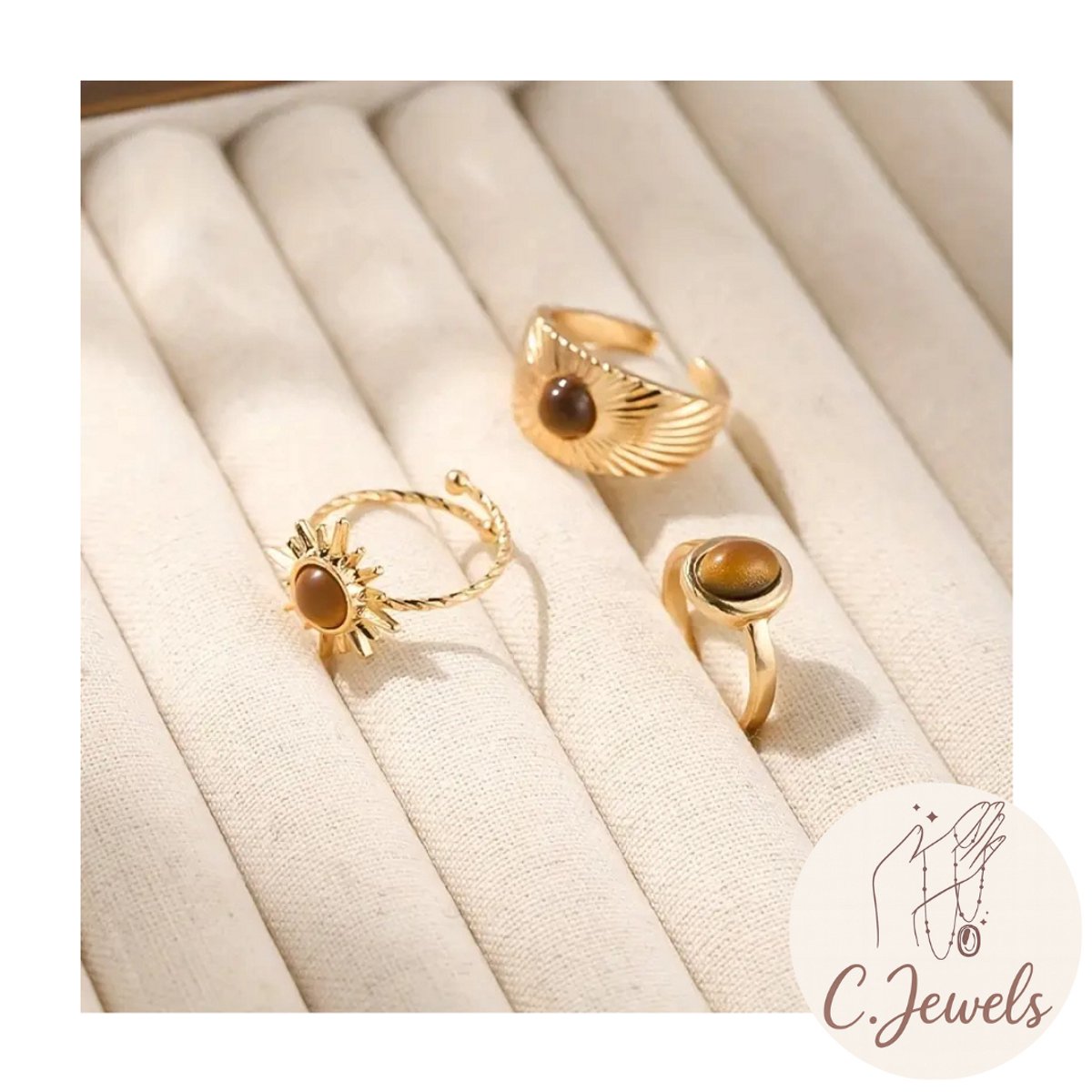 Ringen Set - Goudkleurig - Zon en Steen - Verstelbaar - 3 Stuks - Boho & Trendy - Dames