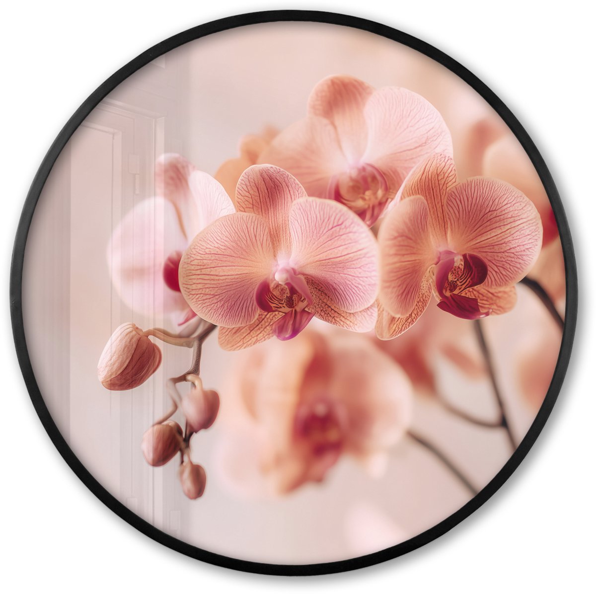 FrameYourWall Poster in lijst Rond - Fotolijst 60x60 cm - Posters - Orchidee - Bloemen - Roze - Bloemblaadjes - Ronde posterlijst zwart - Decoratie - Wanddecoratie woonkamer - Muurdecoratie slaapkamer