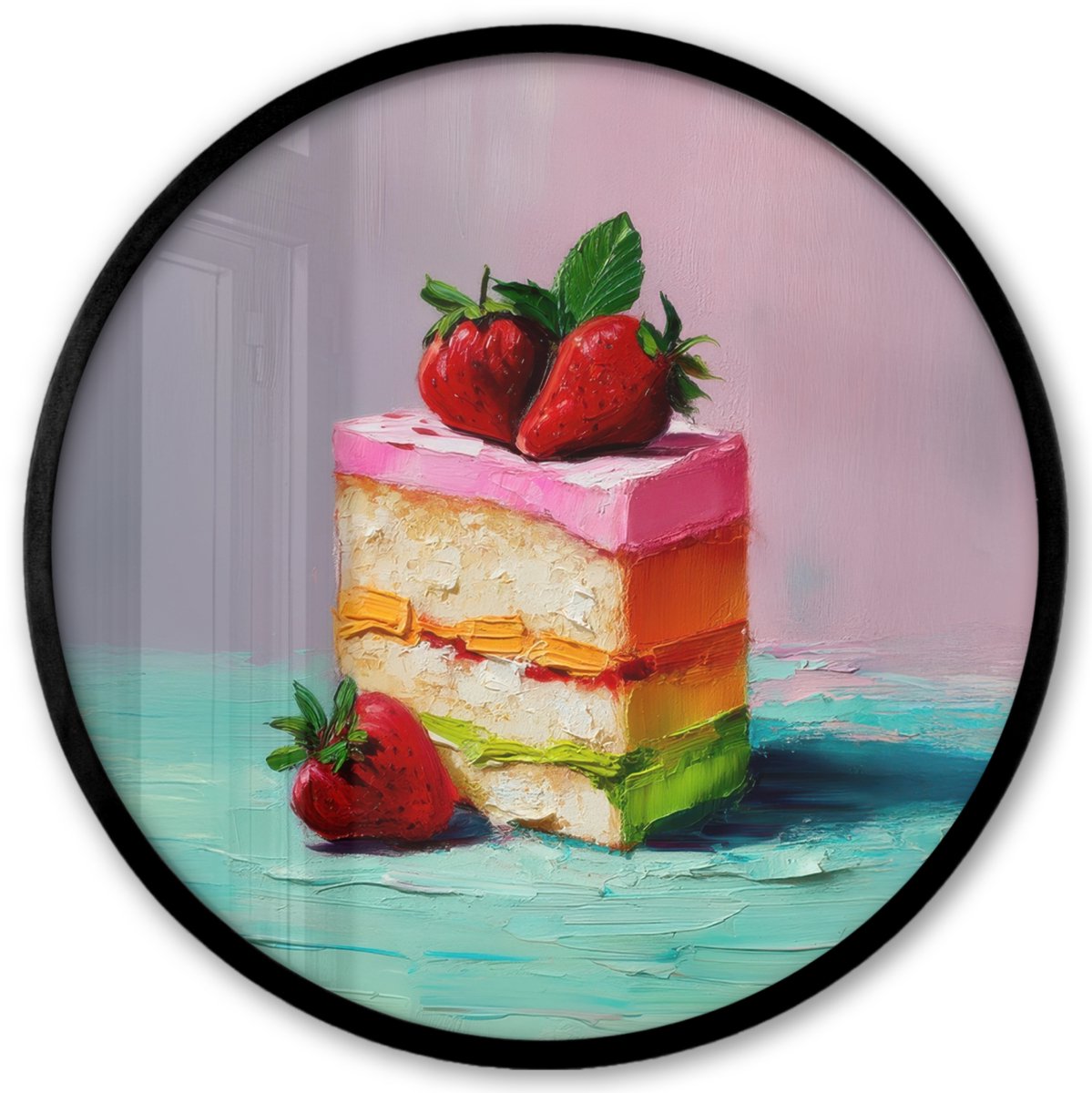 FrameYourWall Poster in lijst Rond - Fotolijst 40x40 cm - Posters - Taartje - Aardbeien - Glazuur - Kleurrijk - Ronde posterlijst zwart - Decoratie - Wanddecoratie woonkamer - Muurdecoratie slaapkamer