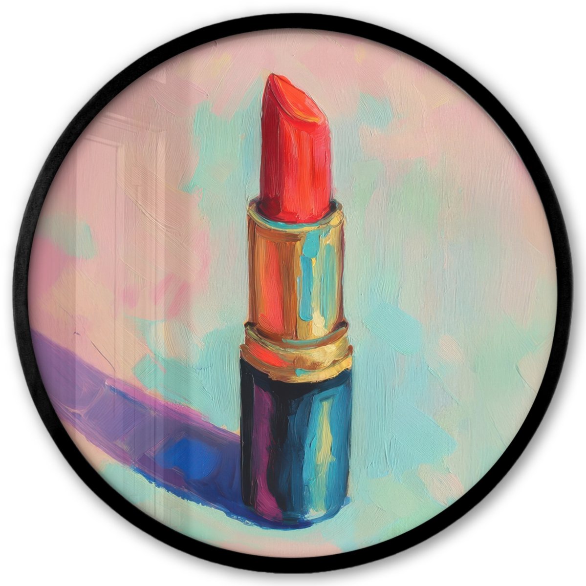FrameYourWall Poster in lijst Rond - Fotolijst 40x40 cm - Posters - Lippenstift - Rood - Penseelstreken - Ronde posterlijst zwart - Decoratie - Wanddecoratie woonkamer - Muurdecoratie slaapkamer
