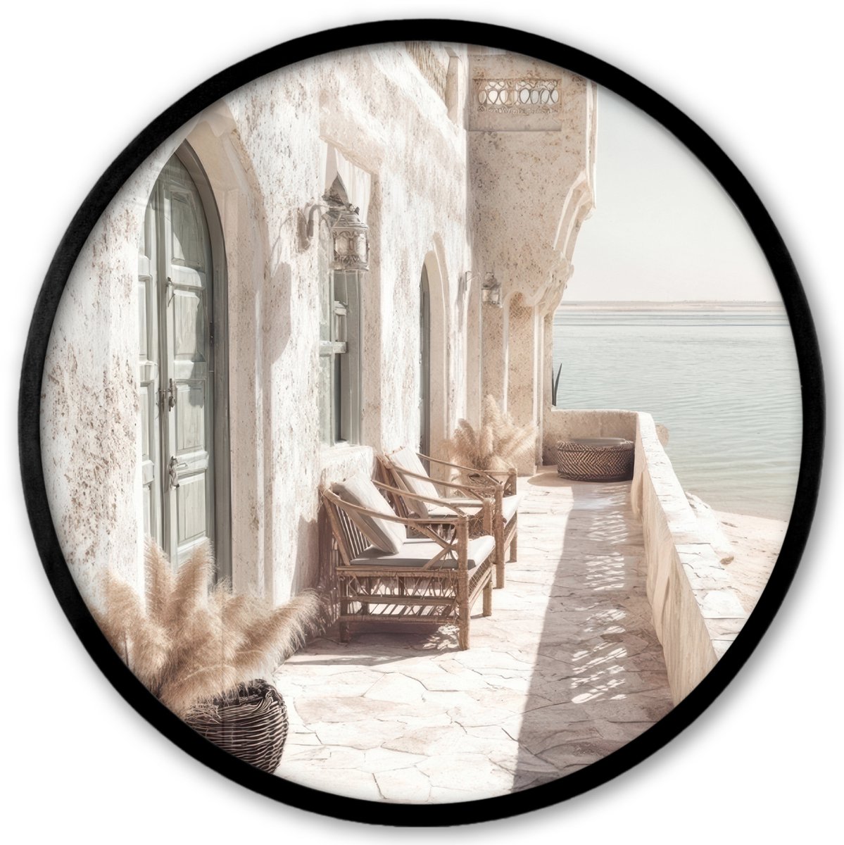 FrameYourWall Poster in lijst Rond - Fotolijst 40x40 cm - Posters - Terras - Stoelen - Strand - Beige - Ronde posterlijst zwart - Decoratie - Wanddecoratie woonkamer - Muurdecoratie slaapkamer Huis - Stoelen - Strand