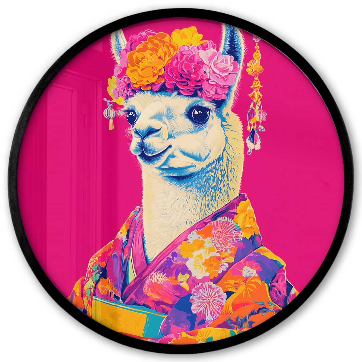 FrameYourWall Poster in lijst Rond - Fotolijst 40x40 cm - Posters - Lama - Kimono - Bloemenkrans - Felroze - Ronde posterlijst zwart - Decoratie - Wanddecoratie woonkamer - Muurdecoratie slaapkamer