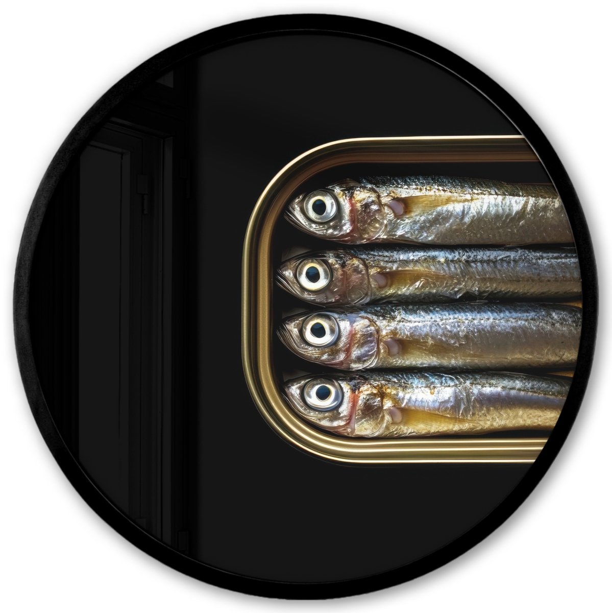 FrameYourWall Poster in lijst Rond - Fotolijst 40x40 cm - Posters - Sardines - Blik - Zwart - Vissen - Ronde posterlijst zwart - Decoratie - Wanddecoratie woonkamer - Muurdecoratie slaapkamer