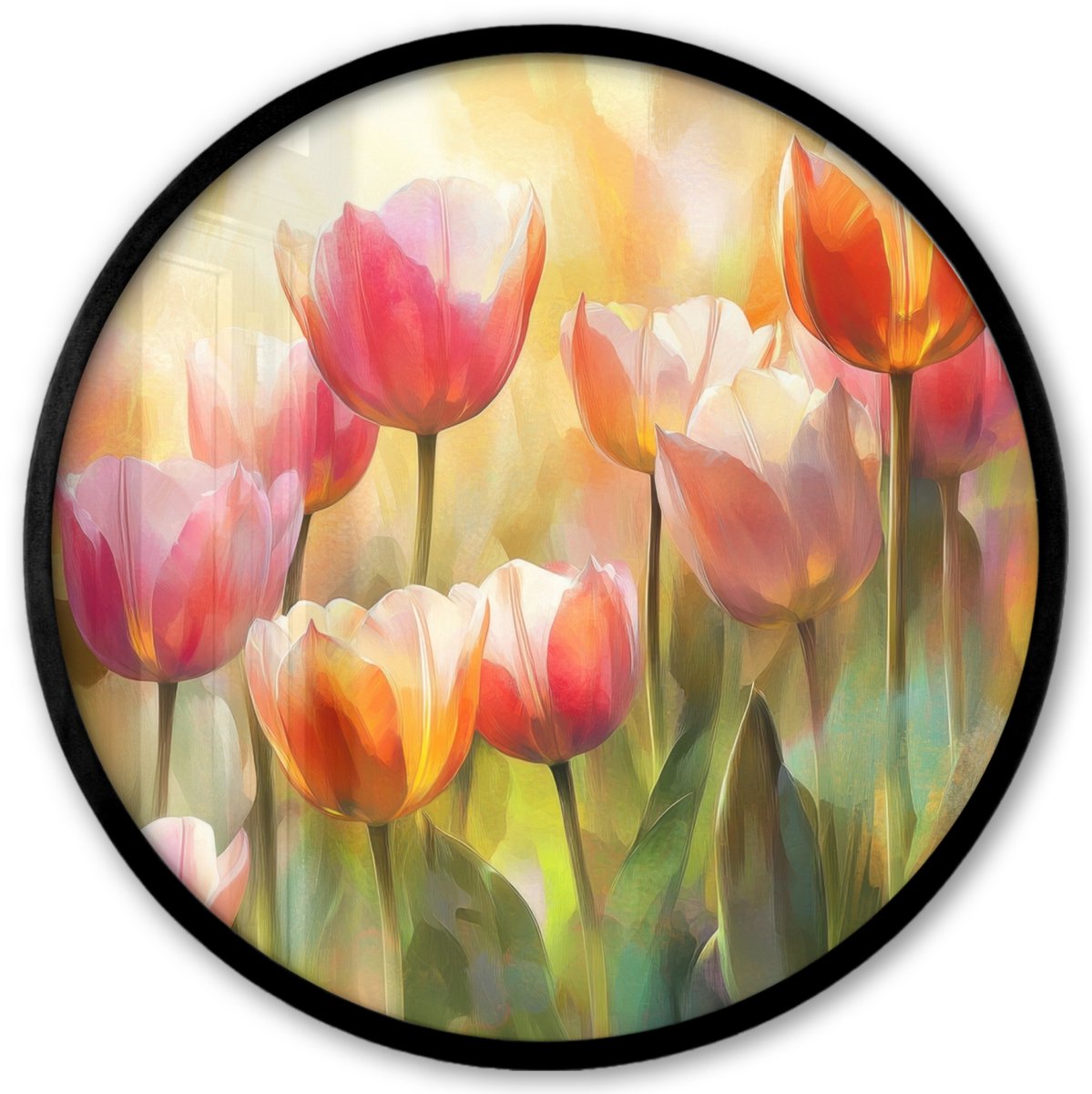 FrameYourWall Poster in lijst Rond - Fotolijst 40x40 cm - Posters - Tulpen - Sprookjesachtig - Kleurrijk - Ronde posterlijst zwart - Decoratie - Wanddecoratie woonkamer - Muurdecoratie slaapkamer Tulpen - Kleurrijk