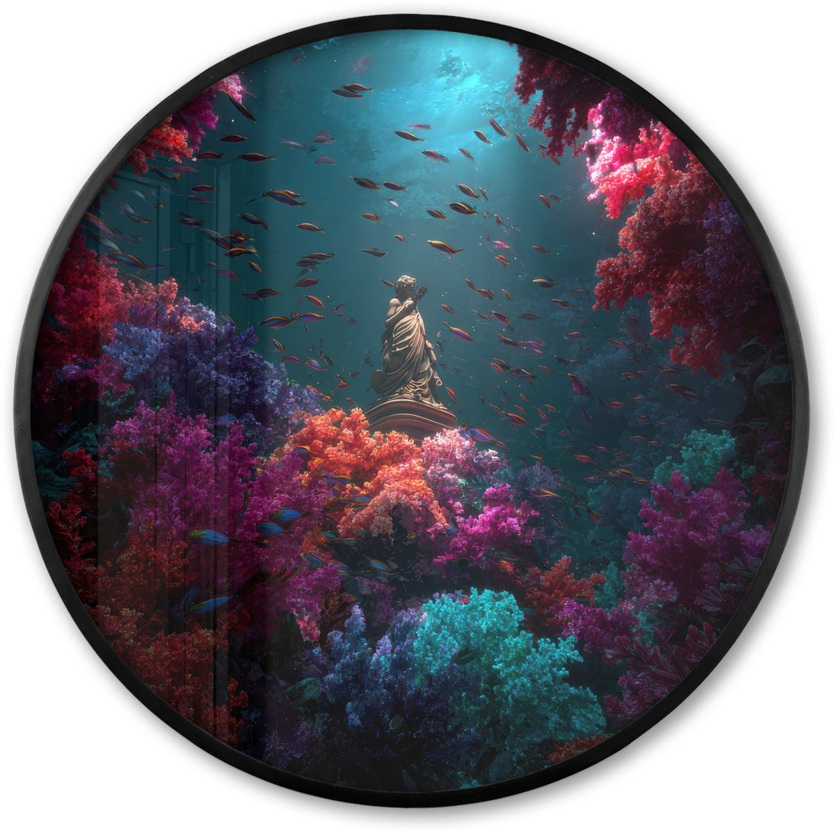 FrameYourWall Poster in lijst Rond - Fotolijst 80x80 cm - Posters - Standbeeld - Zeebodem - Koraal - Kleurrijk - Ronde posterlijst zwart - Decoratie - Wanddecoratie woonkamer - Muurdecoratie slaapkamer