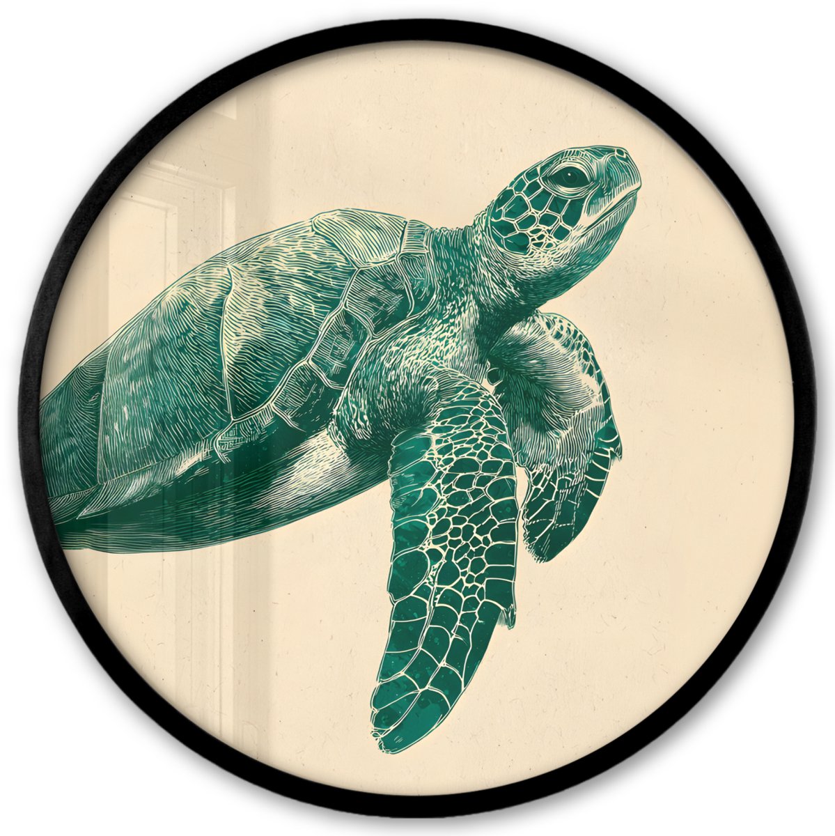 FrameYourWall Poster in lijst Rond - Fotolijst 40x40 cm - Posters - Schildpad - Sierlijk - Groen - Schild - Ronde posterlijst zwart - Decoratie - Wanddecoratie woonkamer - Muurdecoratie slaapkamer