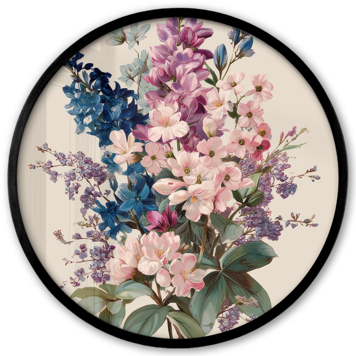 FrameYourWall Poster in lijst Rond - Fotolijst 40x40 cm - Posters - Boeket - Beige - Harmonieus - Subtiel - Ronde posterlijst zwart - Decoratie - Wanddecoratie woonkamer - Muurdecoratie slaapkamer