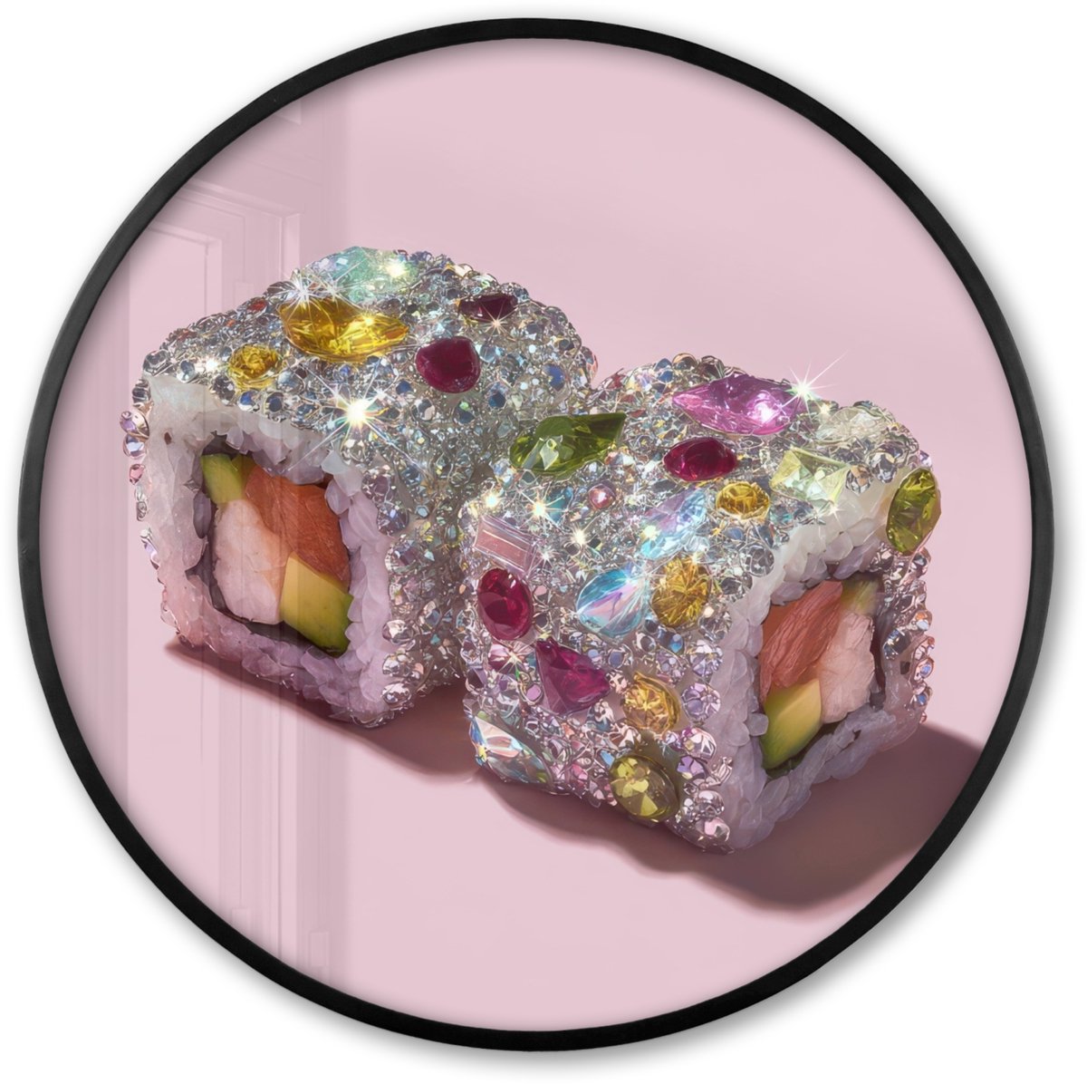 FrameYourWall Poster in lijst Rond - Fotolijst 60x60 cm - Posters - Sushi - Rolletjes - Steentjes - Kleurrijk - Ronde posterlijst zwart - Decoratie - Wanddecoratie woonkamer - Muurdecoratie slaapkamer Sushi - Steentjes - Kleurrijk