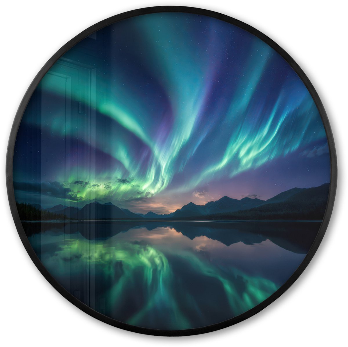 FrameYourWall Poster in lijst Rond - Fotolijst 80x80 cm - Posters - Noorderlicht - Kleurrijk - Bergmeer - Ronde posterlijst zwart - Decoratie - Wanddecoratie woonkamer - Muurdecoratie slaapkamer Noorderlicht - Meer - Bergen