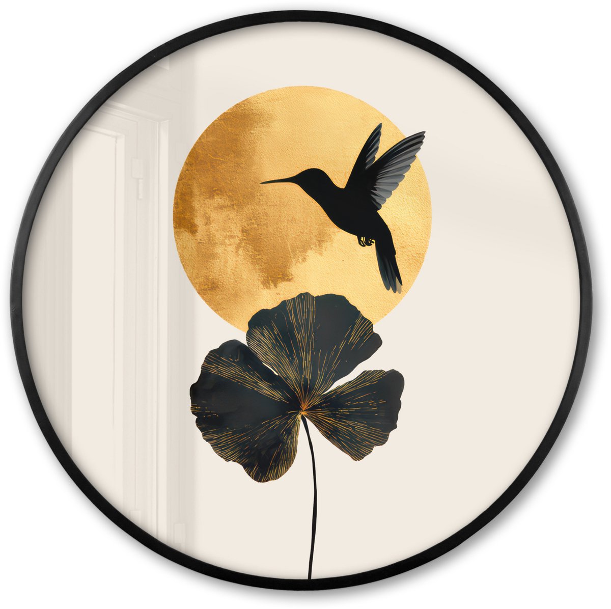 FrameYourWall Poster in lijst Rond - Fotolijst 60x60 cm - Posters - Zwarte kolibrie - Bloem - Gouden cirkel - Ronde posterlijst zwart - Decoratie - Wanddecoratie woonkamer - Muurdecoratie slaapkamer
