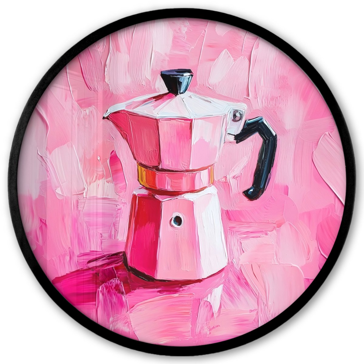 FrameYourWall Poster in lijst Rond - Fotolijst 40x40 cm - Posters - Roze - Verf - Coffee - Ronde posterlijst zwart - Decoratie - Wanddecoratie woonkamer - Muurdecoratie slaapkamer koffieapparaat