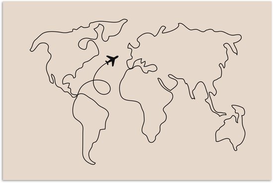 Affiche représentant une carte du monde minimaliste, dessinée en une seule ligne noire, avec un petit avion.