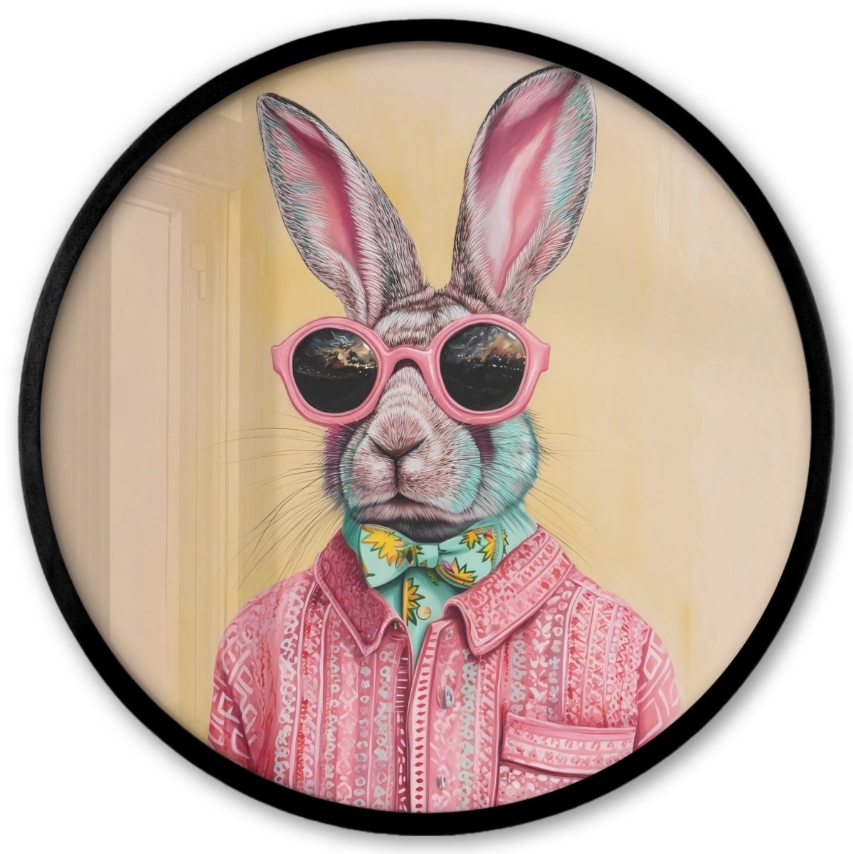 FrameYourWall Poster in lijst Rond - Fotolijst 40x40 cm - Posters - Grijs - Konijn - Blouse - Strik - Ronde posterlijst zwart - Decoratie - Wanddecoratie woonkamer - Muurdecoratie slaapkamer Panda