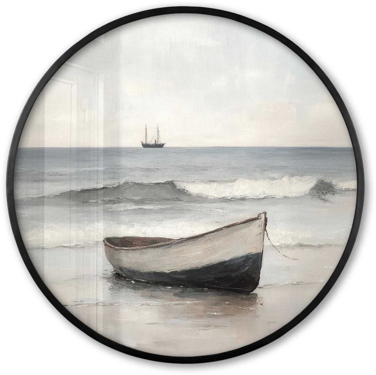 FrameYourWall Poster in lijst Rond - Fotolijst 60x60 cm - Posters - Roeiboot - Zee - Horizon - Ronde posterlijst zwart - Decoratie - Wanddecoratie woonkamer - Muurdecoratie slaapkamer