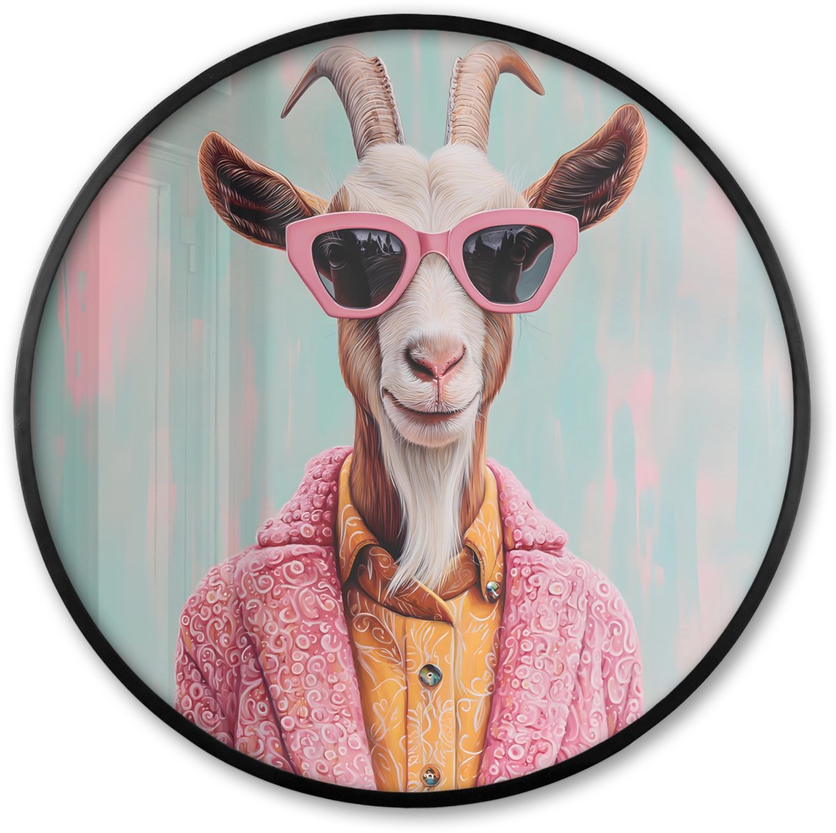 FrameYourWall Poster in lijst Rond - Fotolijst 60x60 cm - Posters - Zonnebril - Roze - Geit - Horen - Ronde posterlijst zwart - Decoratie - Wanddecoratie woonkamer - Muurdecoratie slaapkamer