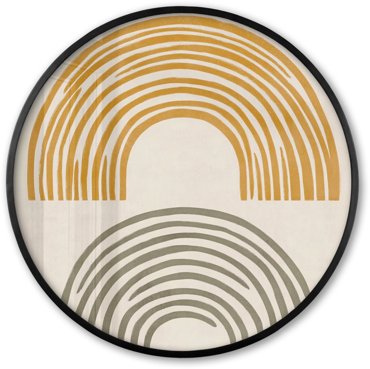 FrameYourWall Poster in lijst Rond - Fotolijst 60x60 cm - Posters - Bogen - Lijnen - Oranje - Minimalistisch - Ronde posterlijst zwart - Decoratie - Wanddecoratie woonkamer - Muurdecoratie slaapkamer Bogen – Organisch