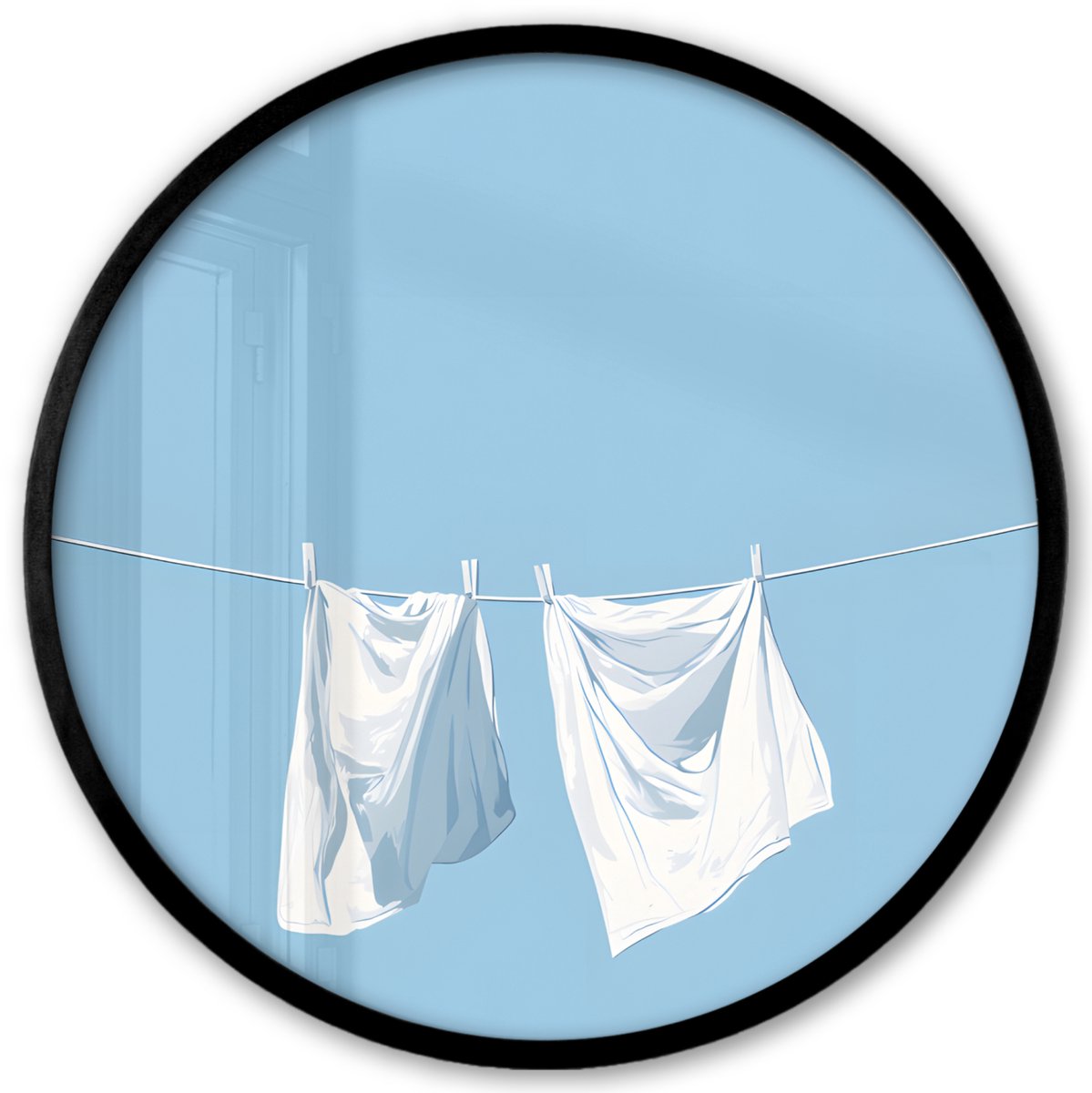 FrameYourWall Poster in lijst Rond - Fotolijst 40x40 cm - Posters - Lakens - Waslijn - Blauw - Minimalistisch - Ronde posterlijst zwart - Decoratie - Wanddecoratie woonkamer - Muurdecoratie slaapkamer Waslijn - Lakens