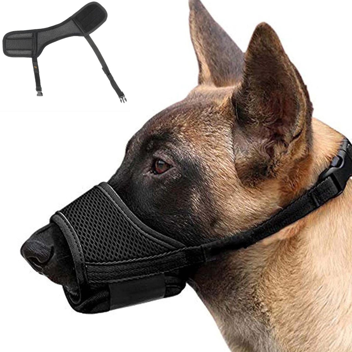 Muilkorf geschikt voor honden, verstelbare lus, ademend, veilig, snelle pasvorm geschikt voor kleine en middelgrote honden, bijten, kauwen en blaffen (L, zwart)