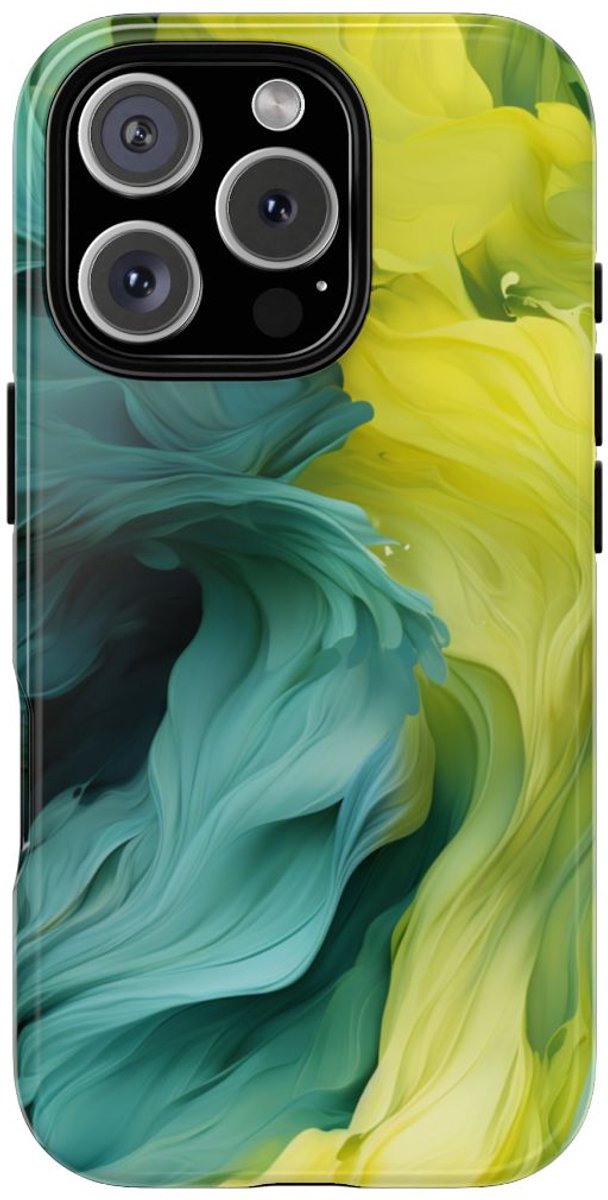 Vloeiend Gele en Groene Abstracte Kunst – Telefoonhoesje Geschikt voor iPhone 16 Pro